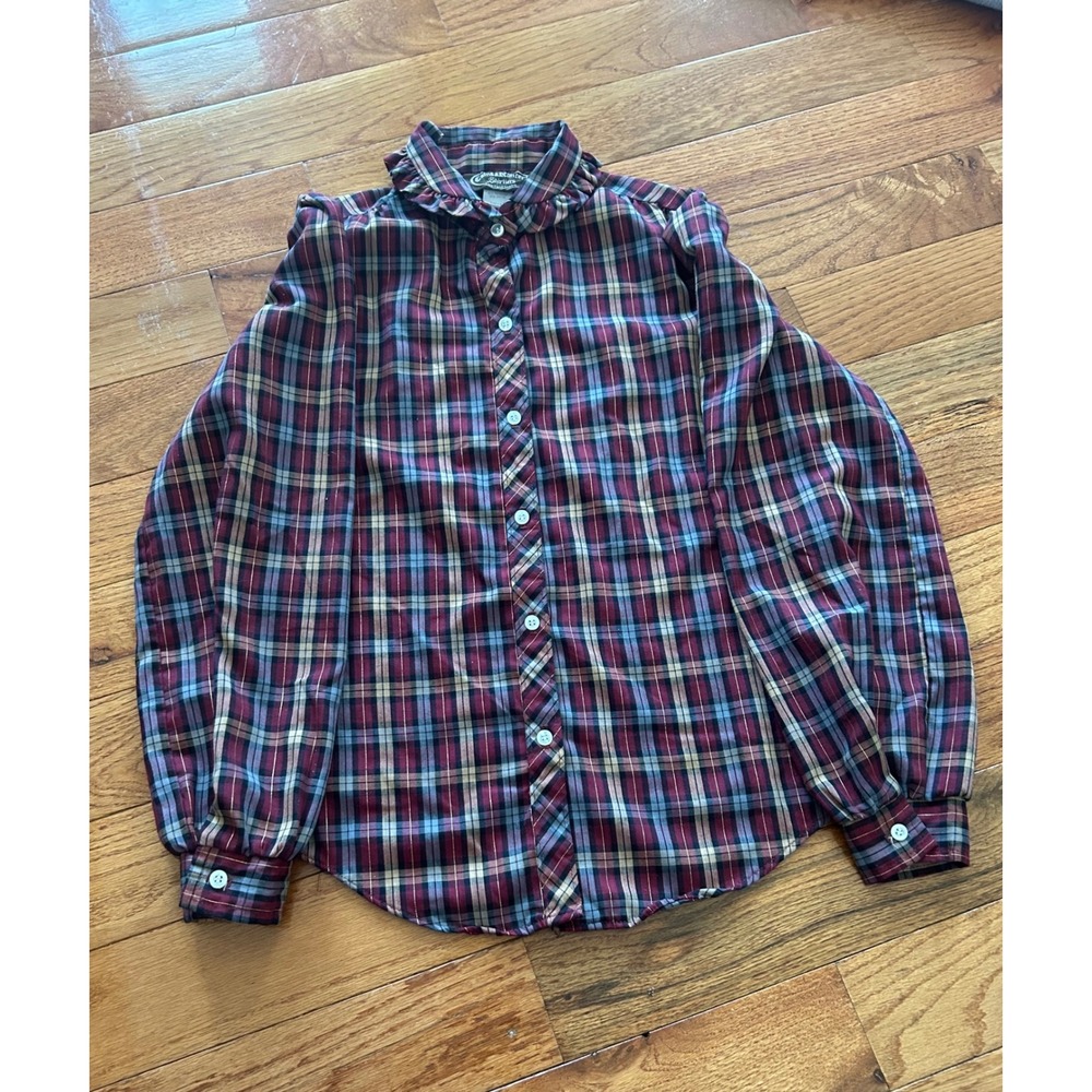 Cains & Kanter's Shirtiers Plaid Ruffle Collar Blouse Metallic Gold Stripe Sz 9